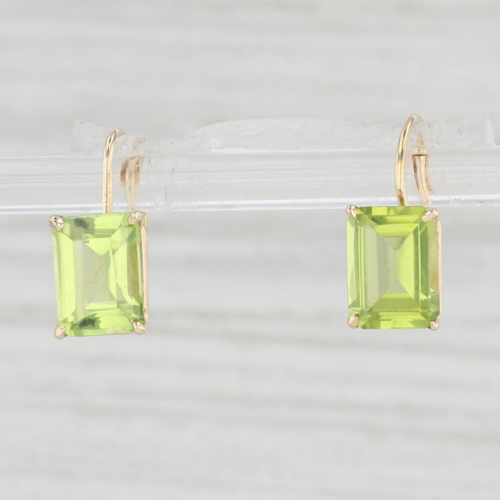 Light Gray 3.4ctw Peridot Drop Earrings 14k Yellow Gold Emerald Cut August Birthstone