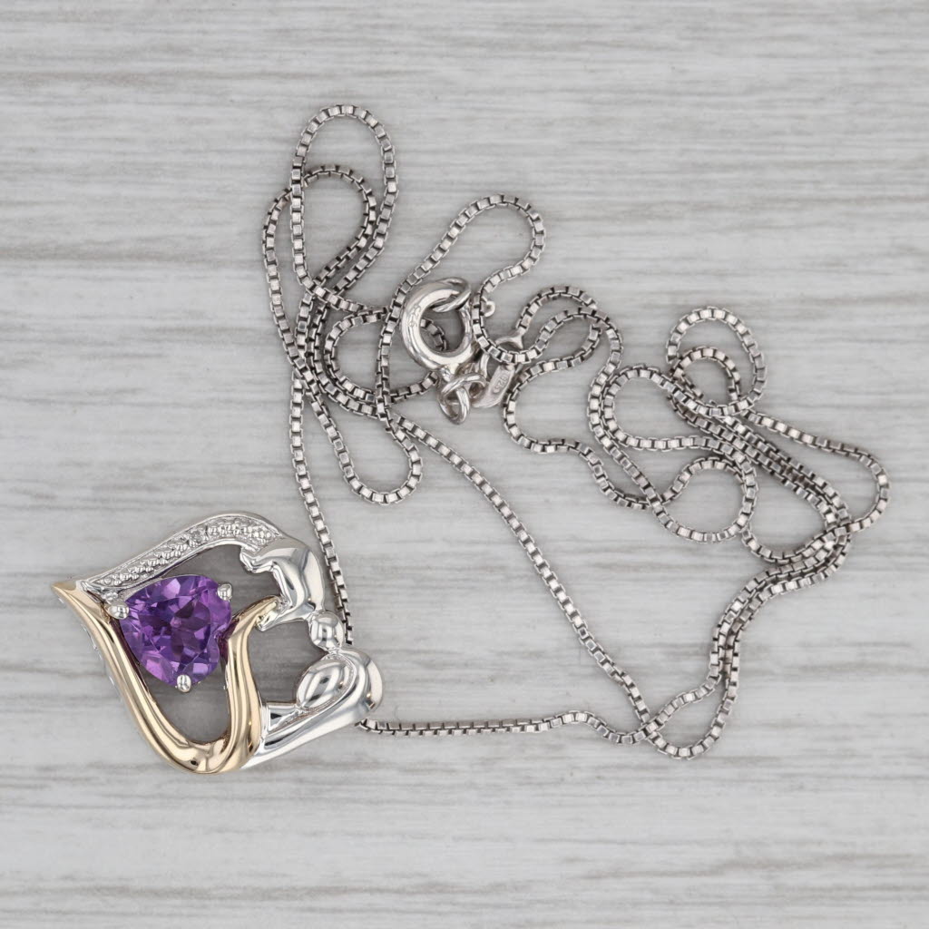 Gray 1.12ct Amethyst Mother & Child Heart Pendant Necklace Sterling Silver 14k Gold