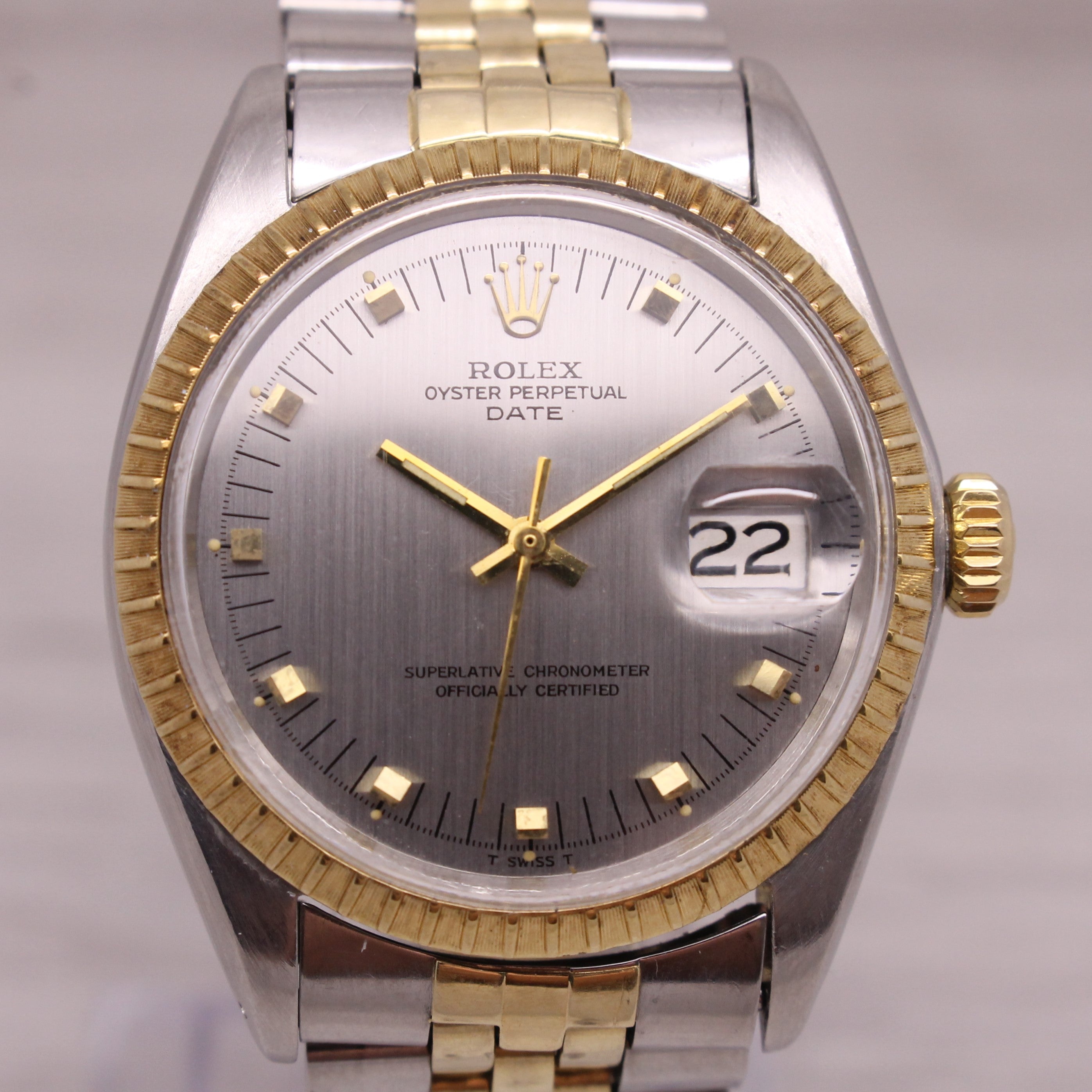 Rosy Brown Vintage 1969 Rolex Date 1505 Mens 14k Steel Automatic Watch Jubilee w Box Papers