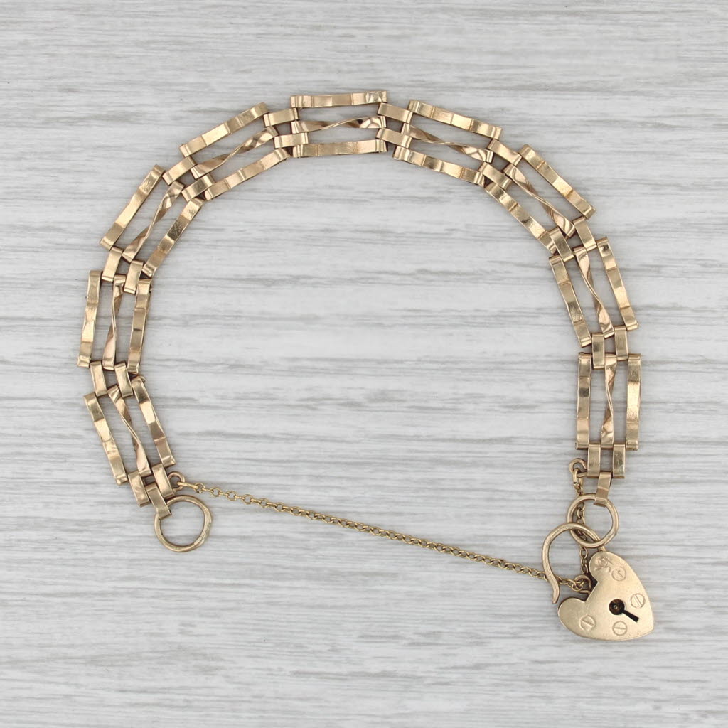Antique Heart Lock Bracelet 9k Yellow Gold 6.75" 9mm