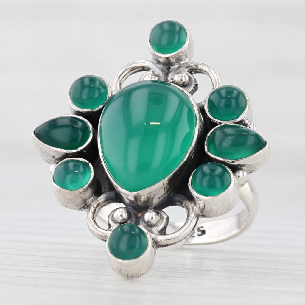 Sea Green Green Chalcedony Cocktail Ring Sterling Silver Size 6.25 Pear Cluster