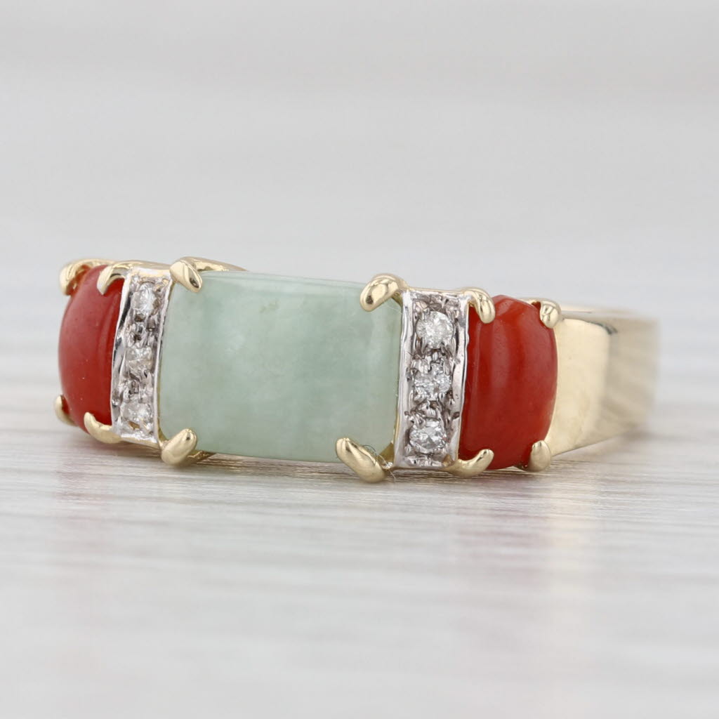 Light Gray Green Orange Jadeite Jade Ring 14k Yellow Gold Diamond Accents Size 7.25