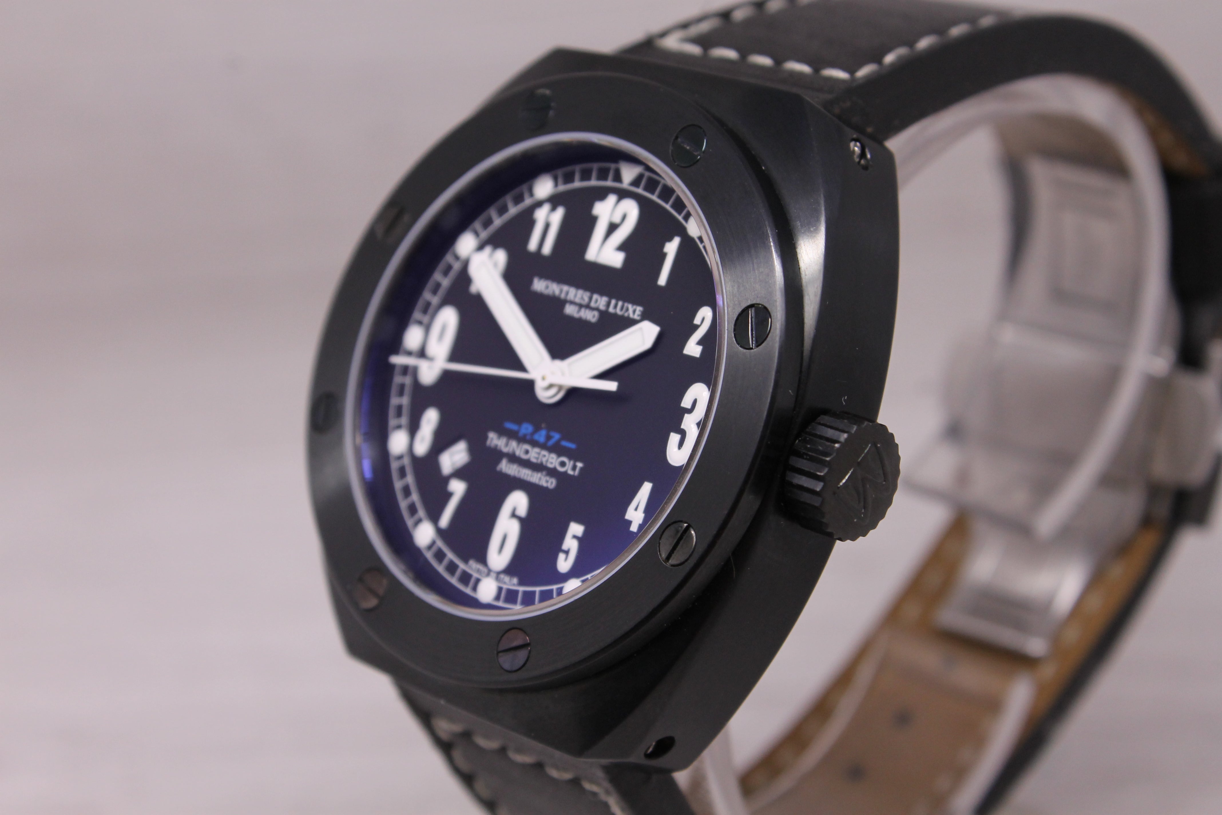 Montres Milano P47 Thunderbolt 43mm Black PVD Steel Automatic Watch w Box Italy