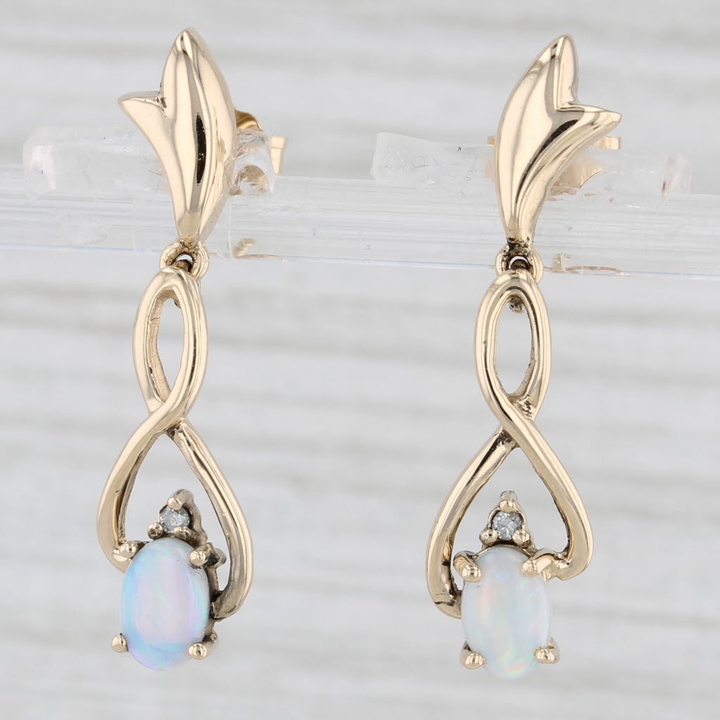 Light Gray Opal Diamond Dangle Earrings 14k Yellow Gold Oval Drops