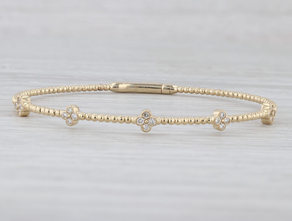 Light Gray New 0.35ctw Diamond Flowers Flexible Bead Bangle Bracelet 14k Yellow Gold 6.75"