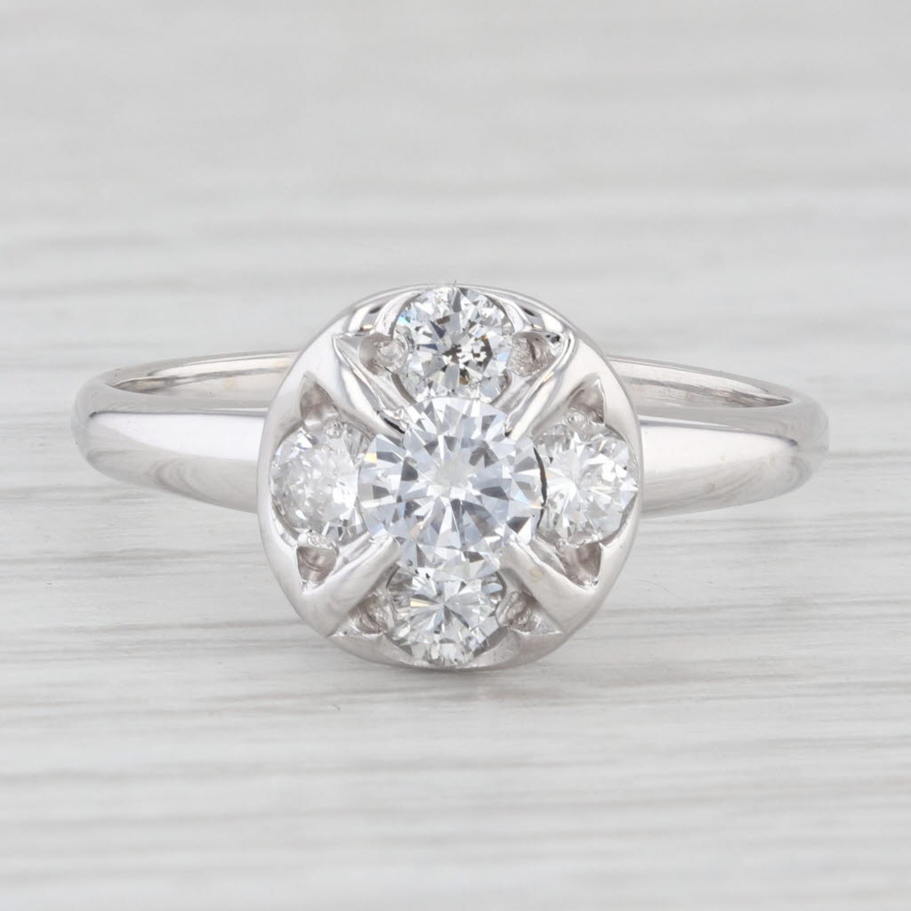 Light Gray Vintage 0.85ctw Round Diamond Cluster Engagement Ring 14k White Gold Size 8.25