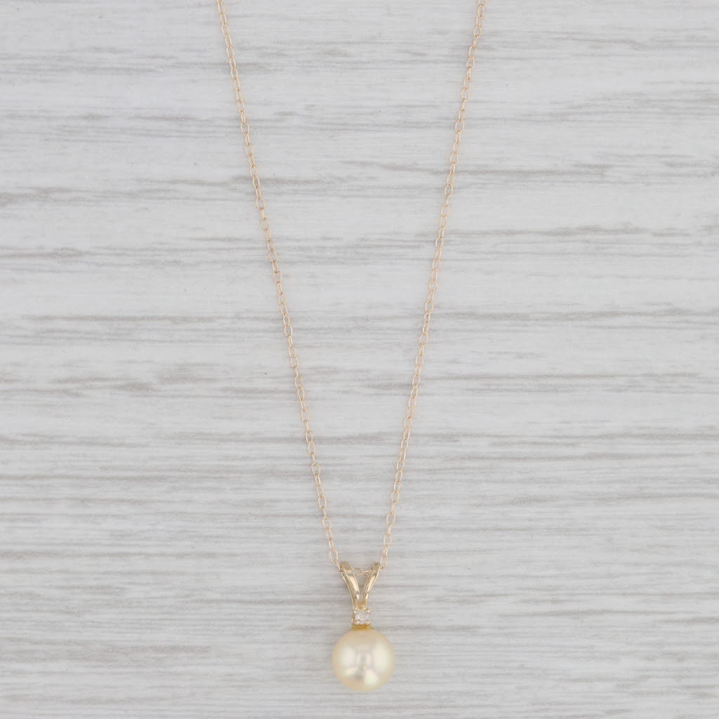 Light Gray Cultured Pearl Diamond Drop Pendant Necklace 14k Yellow Gold 16.5" Cable Chain