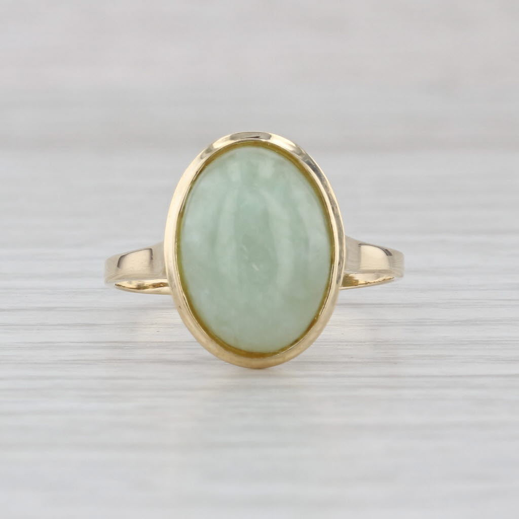 Green Jadeite Jade Oval Cabochon Solitaire Ring 14k Yellow Gold Size 9.75