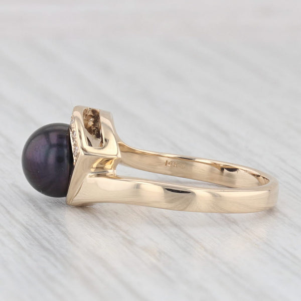 Black Cultured Pearl Diamond Ring Bypass Ring 14k Yellow Gold size 6.25