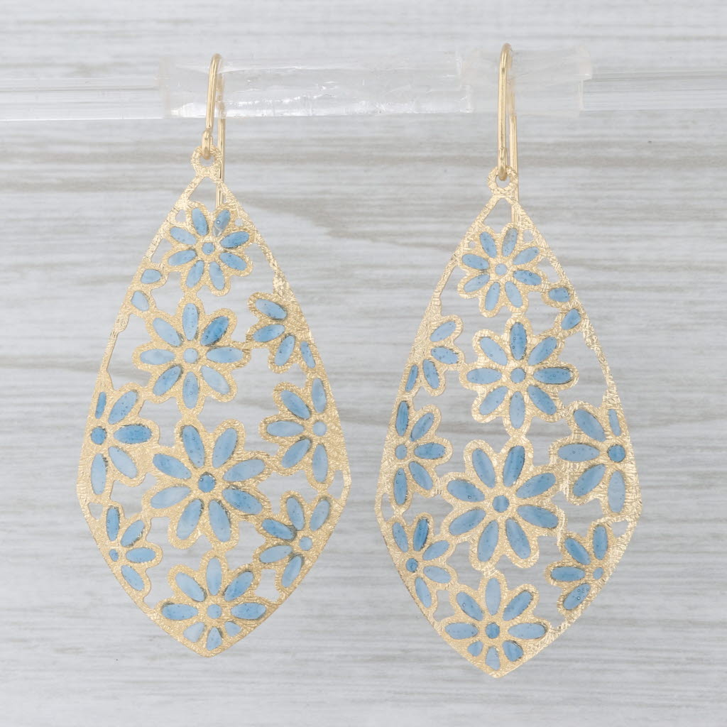 Blue Resin Flower Dangle Earrings 14k Yellow Gold Hook Posts Lightweight