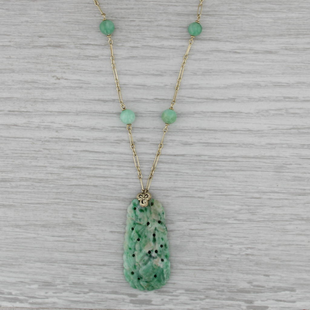 Green Carved Jade Lariat Pendant Necklace 14k Yellow Gold 19" Figaro Chain