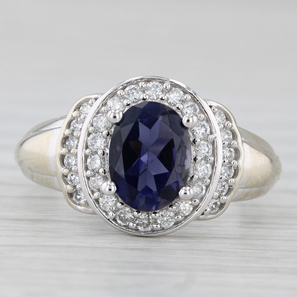 Light Gray 1.17ctw Blue Iolite Diamond Halo Ring 14k White Gold Size 5.25