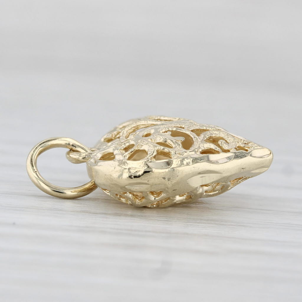 Light Gray Ornate Openwork Puffy Heart Pendant 10k Yellow Gold Charm