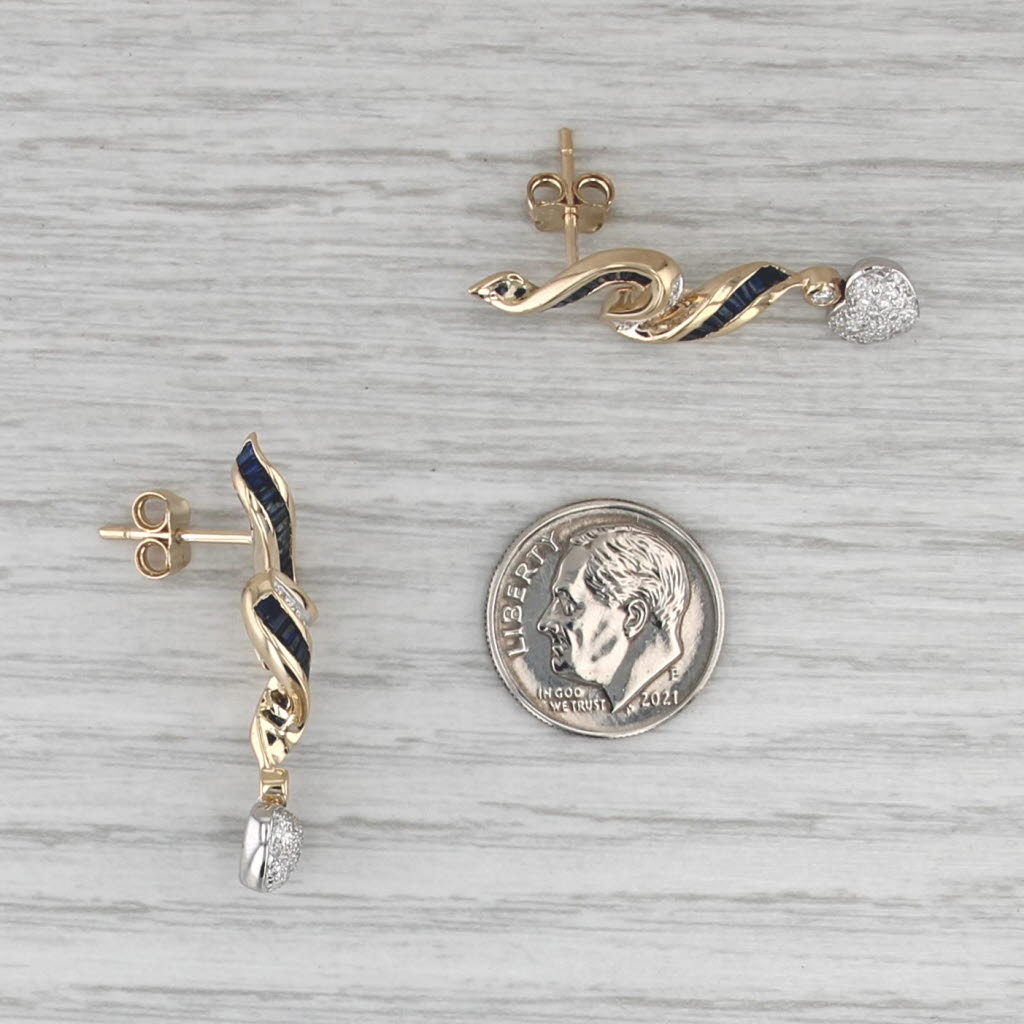 0.75ctw Blue Sapphire Diamond Heart Dangle Earrings 14k Yellow White Gold Drops