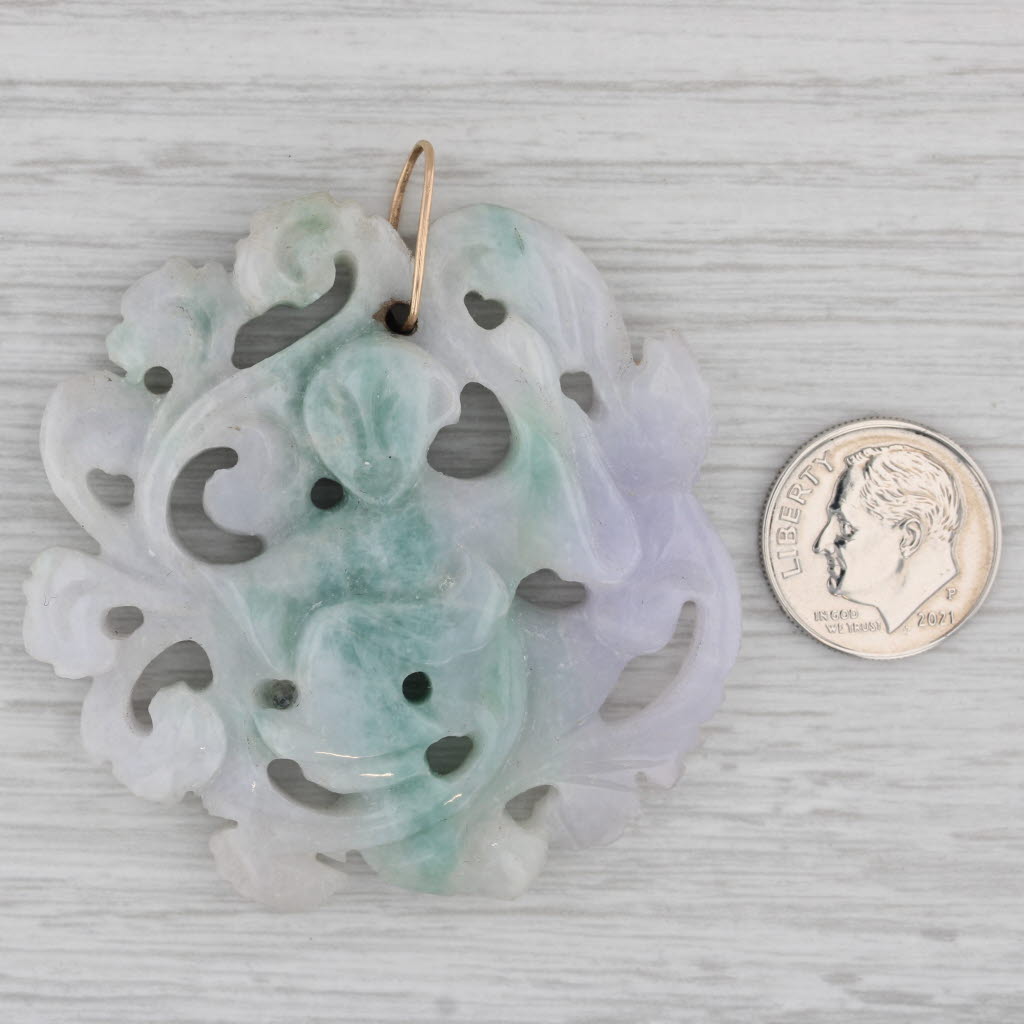 Gray Figural Carved Green Jadeite Jade Pendant 14k Gold Medallion Asian Jewelry