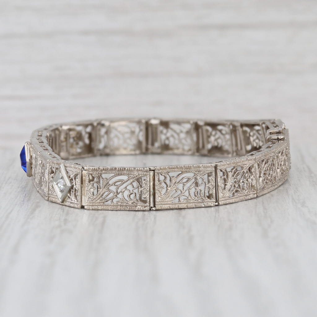 Vintage Diamond Filigree Bracelet 14k White Gold 7" 6.6mm Blue Glass