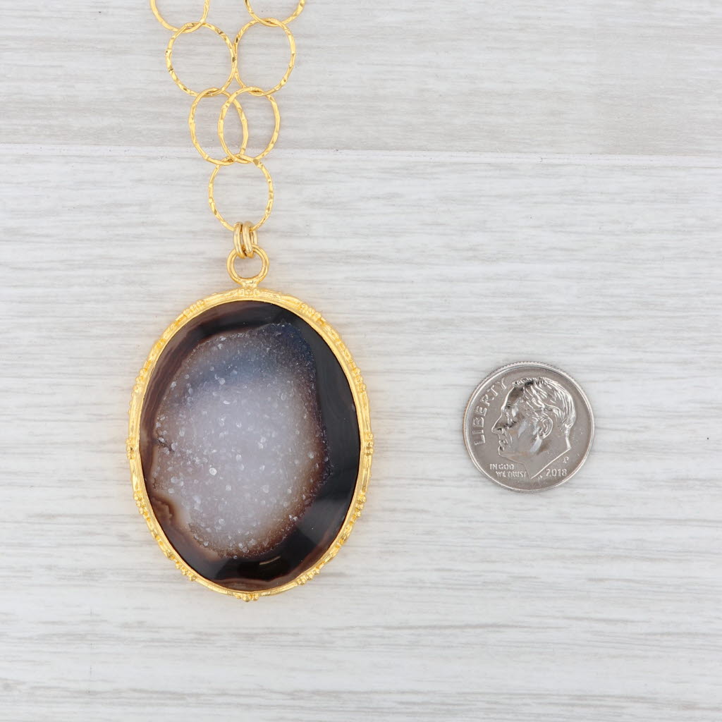 New Nina Wynn Druzy Quartz Agate Pendant Necklace Sterling Gold Vermeil