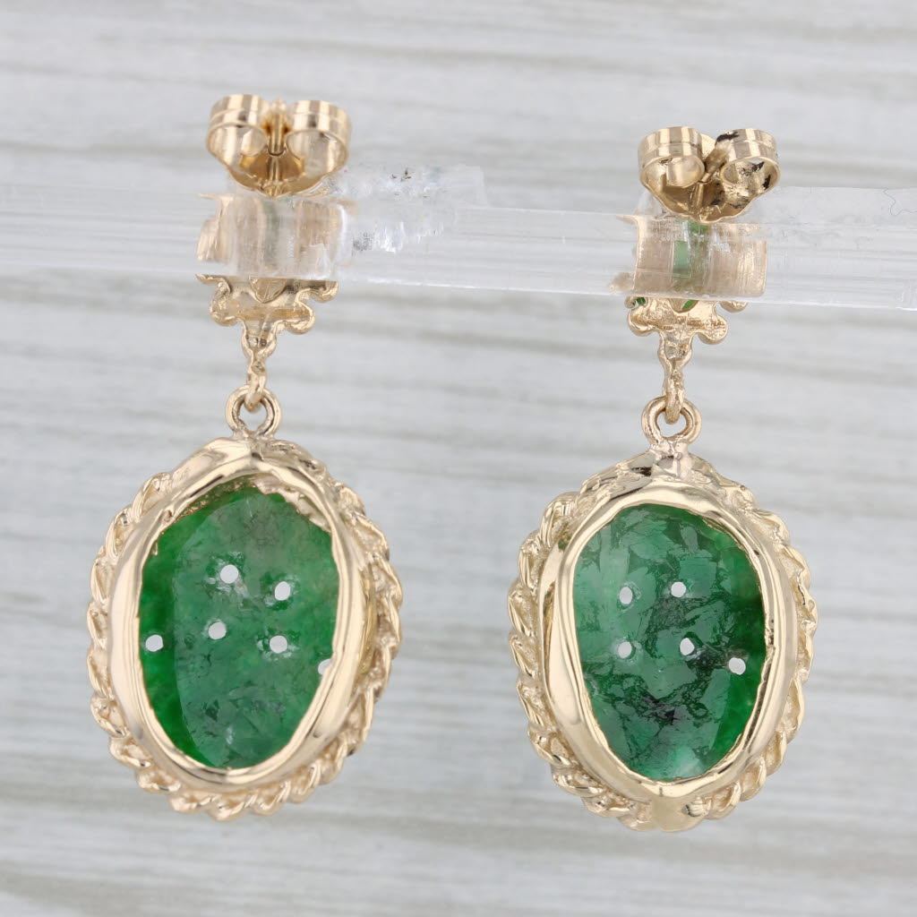 Gray Carved Scarab Green Jadeite Nephrite Jade Dangle Earrings 14k Yellow Gold