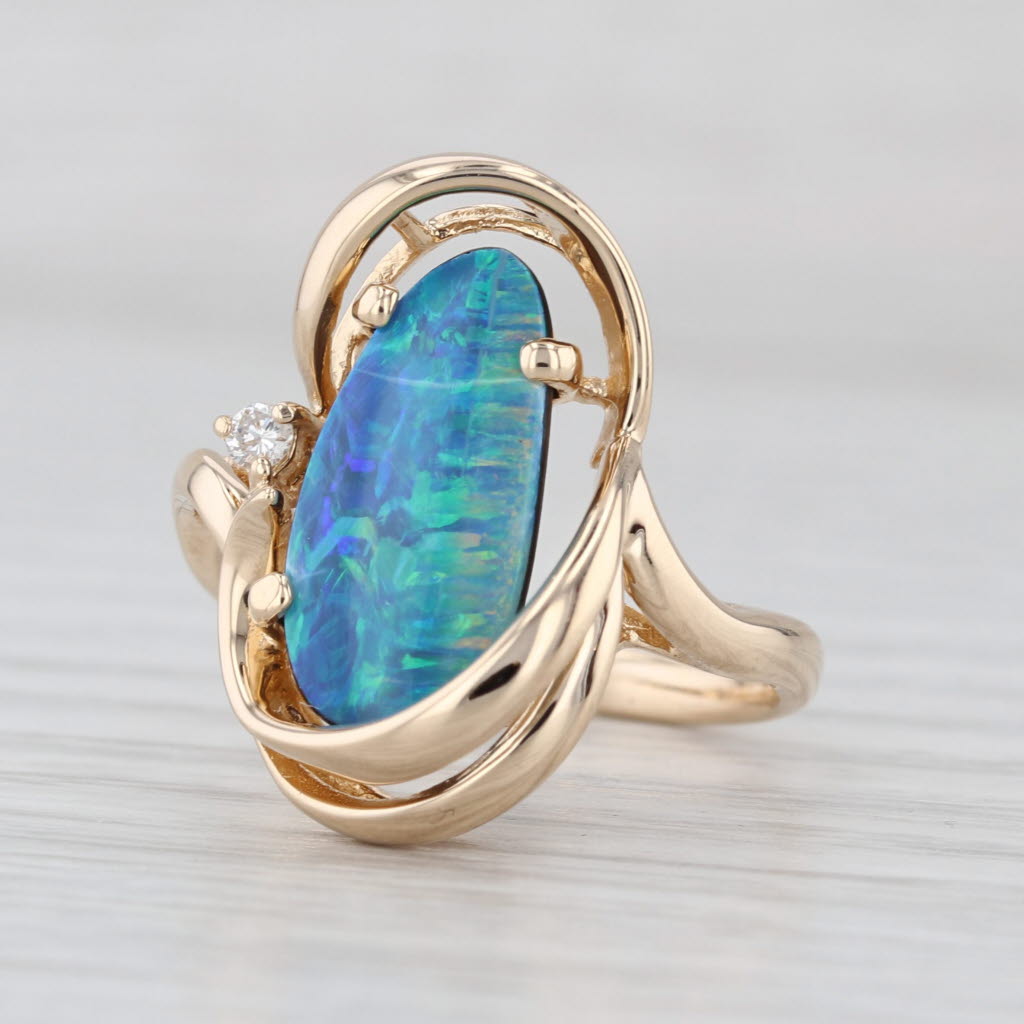 Baroque Oval Blue Green Opal Doublet Ring 14k Yellow Gold Diamond Accents Sz 7