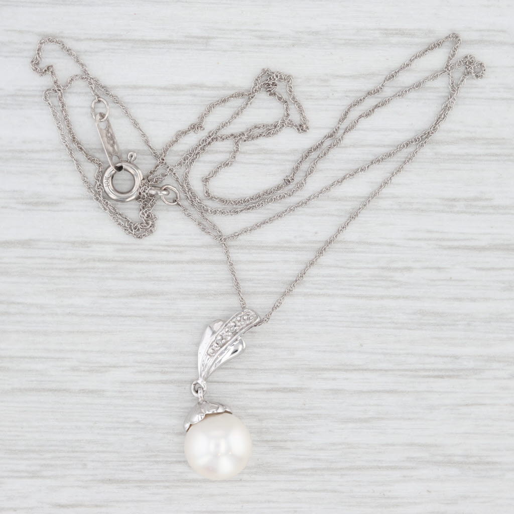 Light Gray Cultured Pearl Diamond Drop Pendant Necklace 10k White Gold 18.25" Rope Chain
