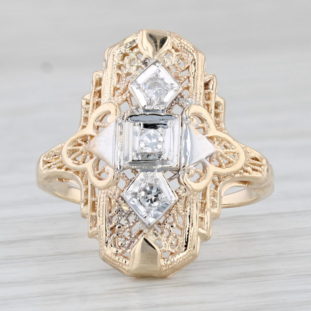 Light Gray Vintage Diamond Filigree Ring 14k Yellow Gold Size 7.75