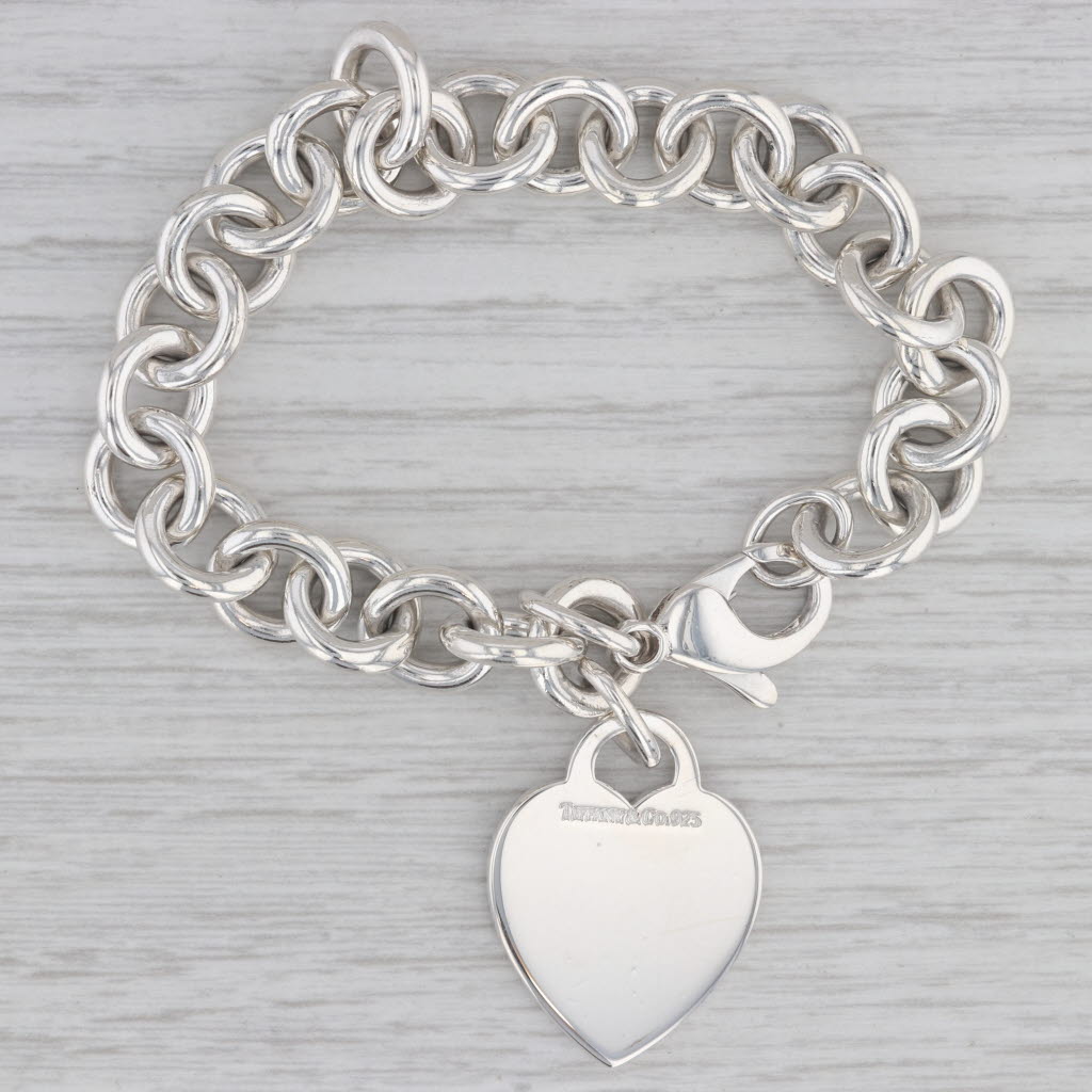 Gray Tiffany & Co Heart ID Tag Charm Bracelet Sterling Silver 7" Cable Chain