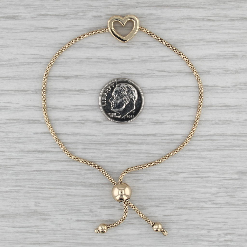Heart Bracelet 14k Yellow Gold Bolo Slide Popcorn Chain 9.25" Adjustable