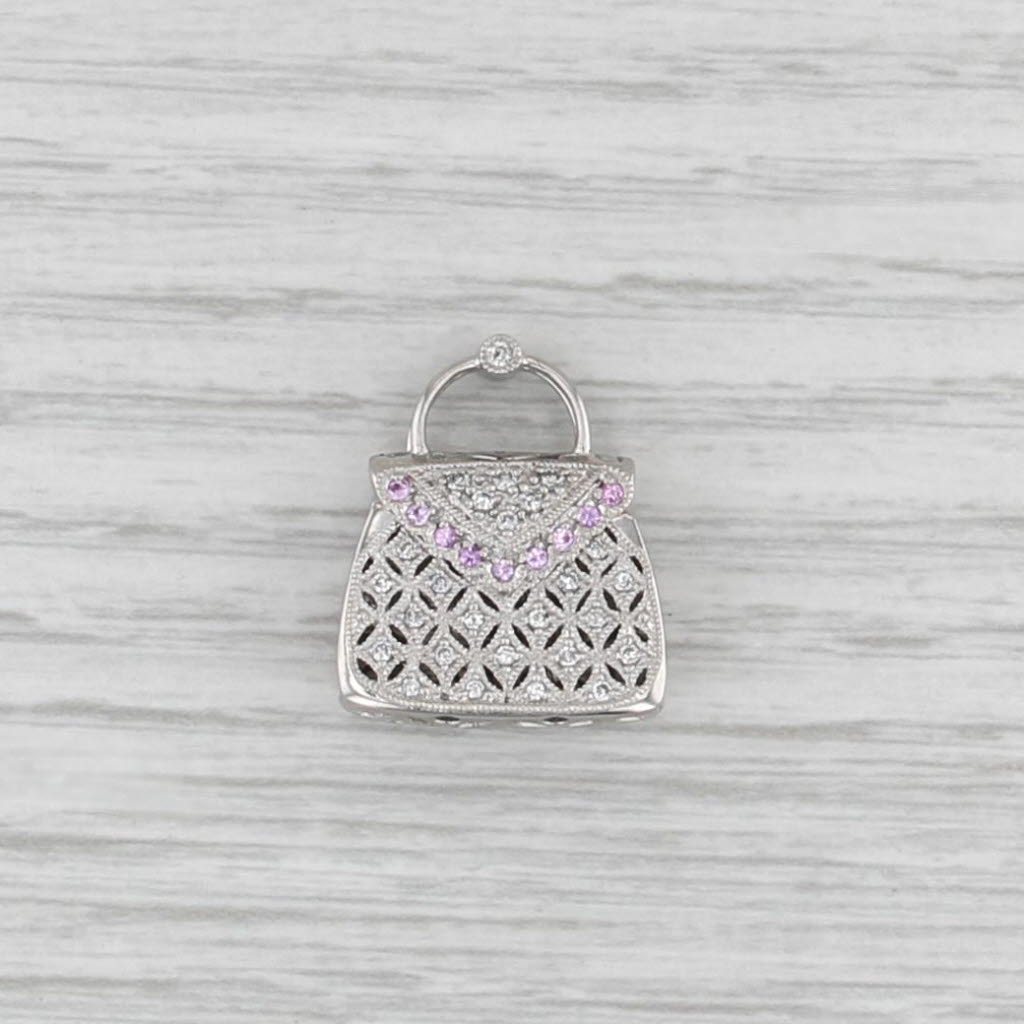 0.27ctw Diamond Pink Sapphire Purse Pendant 14k White Gold Hand Bag Charm Opens