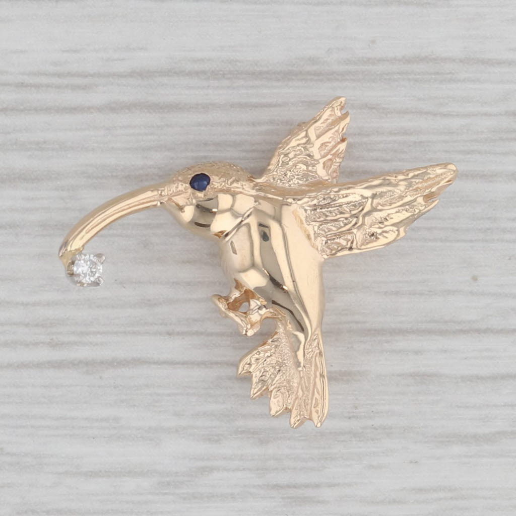 Gray Diamond Blue Sapphire Hummingbird Pin Pendant 14k Yellow Gold Brooch