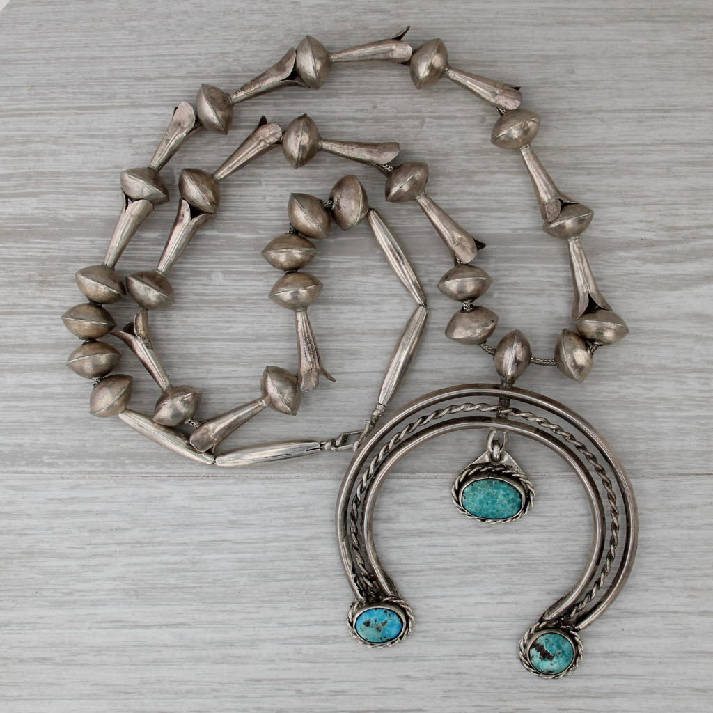 Native American Squash Blossom Turquoise Crescent Bead Necklace Sterling Silver