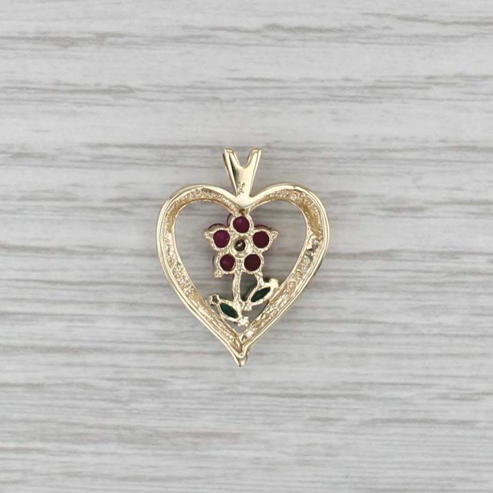 0.53ctw Ruby Emerald Flower Heart Pendant 10k Yellow Gold Diamond Accents