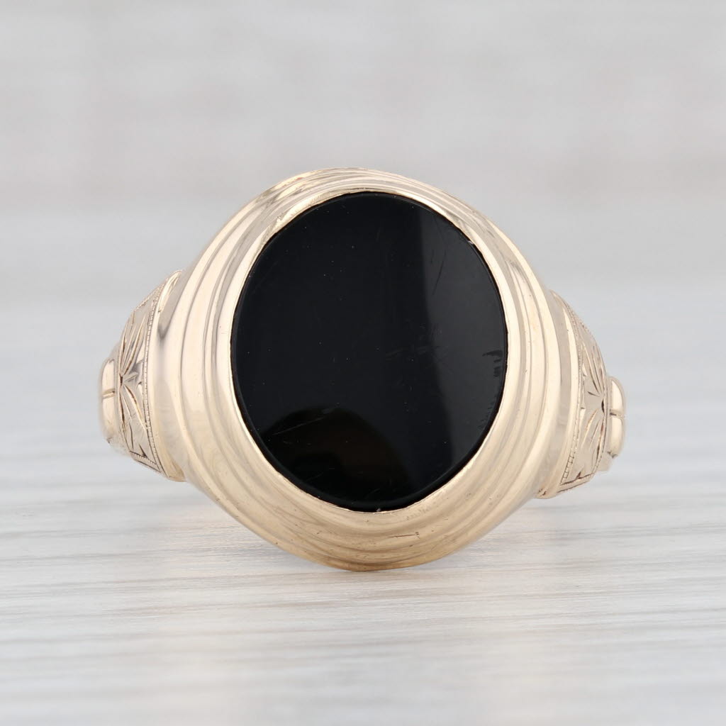 Light Gray Black Onyx Ring 10k Yellow Gold Oval Solitaire Signet Size 10