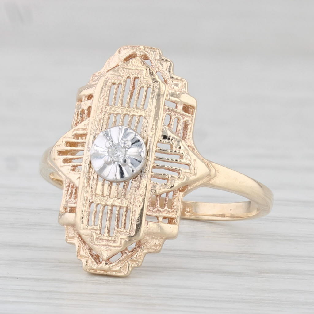 Light Gray Vintage Diamond Accented Ring 10k Yellow Gold Filigree Size 6.5