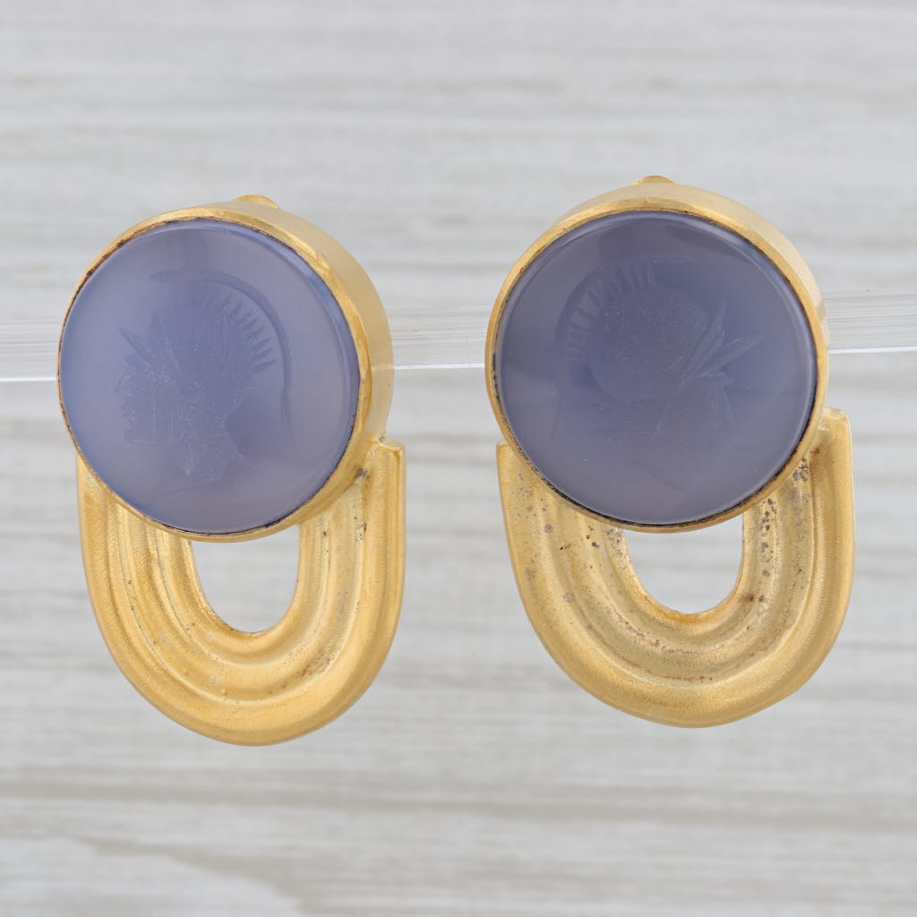 Gray Mark Spirito Chalcedony Cameo Earrings Gold Plated Sterling Silver Clip On