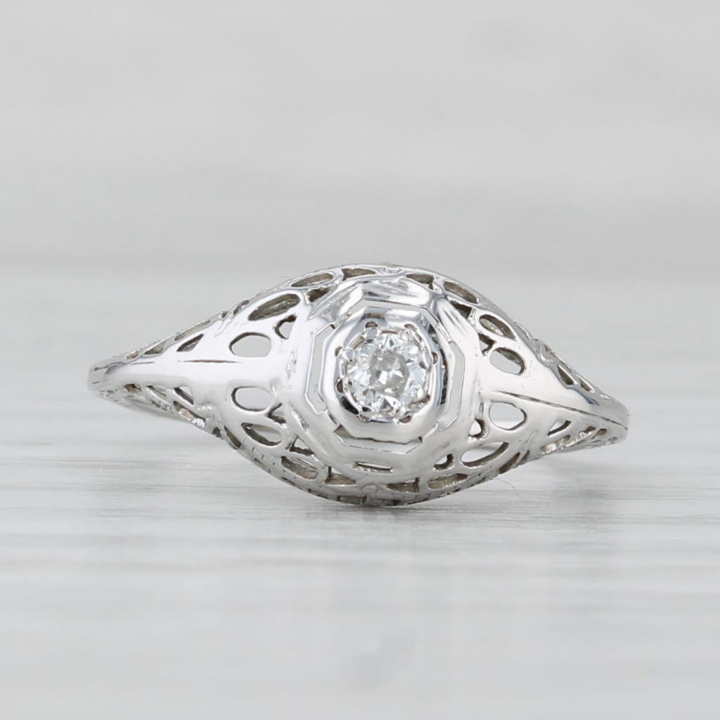 Light Gray Art Deco Diamond Solitaire Filigree Ring 18k 14k White Gold Size 5.25