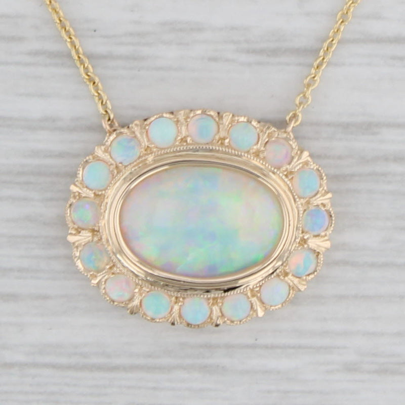 Gray Vintage Opal Halo Pendant Necklace 14k Yellow Gold 18.25" Cable Chain