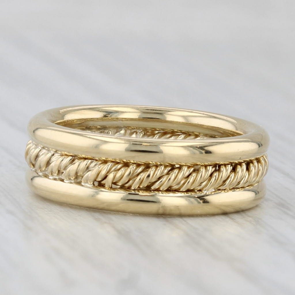Light Gray Rope Center Wide Band Ring 18k Yellow Gold Size 6 Wedding Stackable
