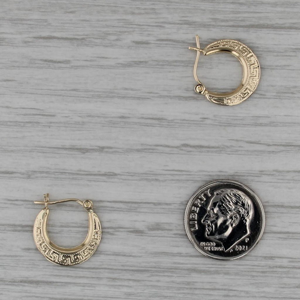 Greek Key Pattern Hoop Earrings 14k Yellow Gold Snap Top Round Hoops