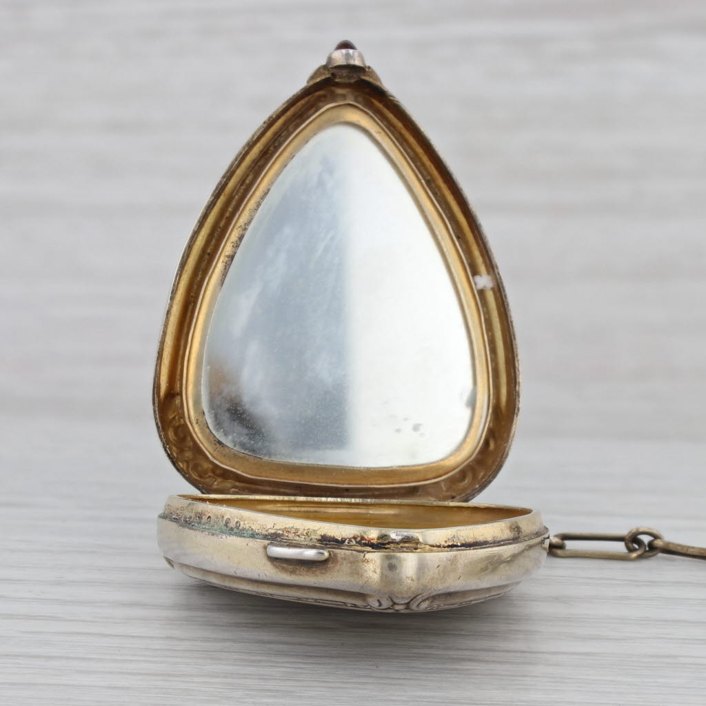 Gray Antique Guilloche Enamel Glass Mirror Powder Compact Fob Sterling Silver Opens