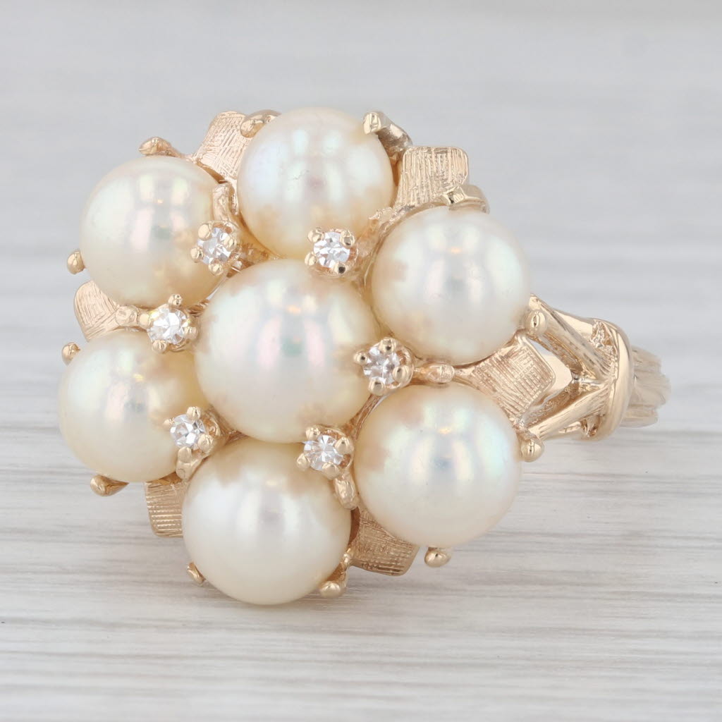 Light Gray Cultured Pearl Diamond Cluster Ring 14k Yellow Gold Size 9 Cocktail