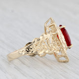 Light Gray Red Glass Marquise Solitaire Ring 14k Yellow Gold Ornate Filigree Size 6.5
