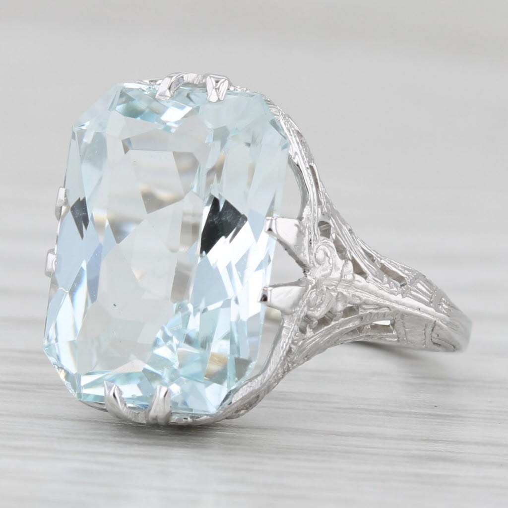 Light Gray Art Deco 6.05ct Aquamarine Solitaire Ring 14k White Gold Filigree Size 4