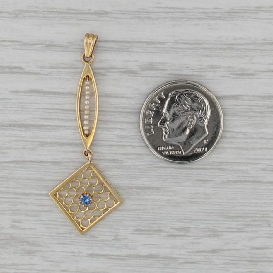 Vintage Lavalier Lab Created Sapphire Seed Pearls Pendant 10k Yellow Gold
