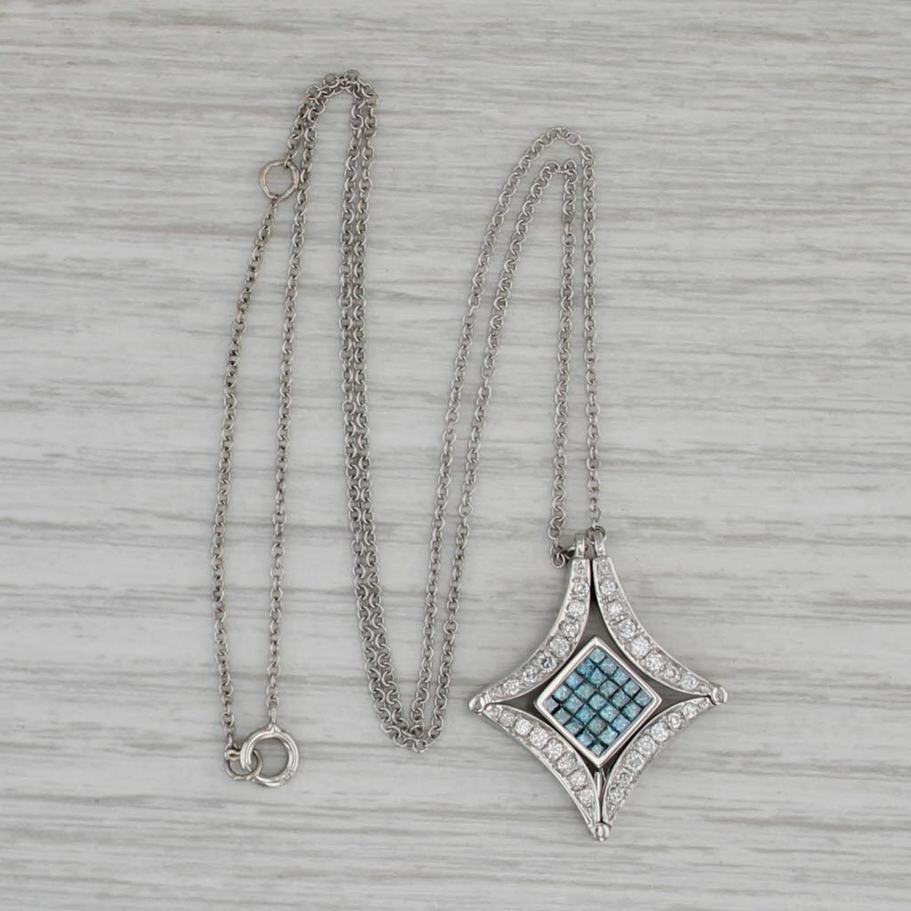 Convertible 1.35ctw Blue White Diamond Necklace 14k White Gold Cable Chain