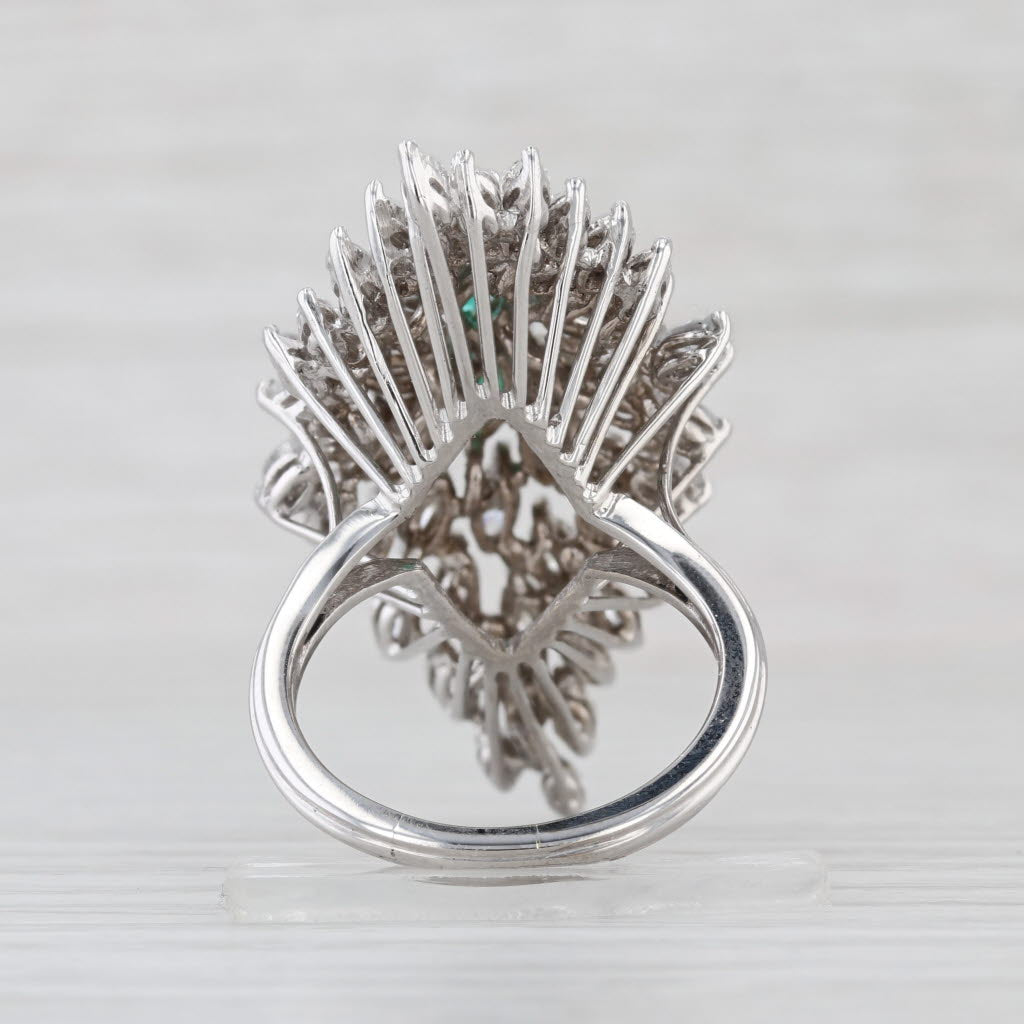 Emerald Diamond Waterfall Cocktail Ring 14k White Gold Size 8.75 GGL Card & Box