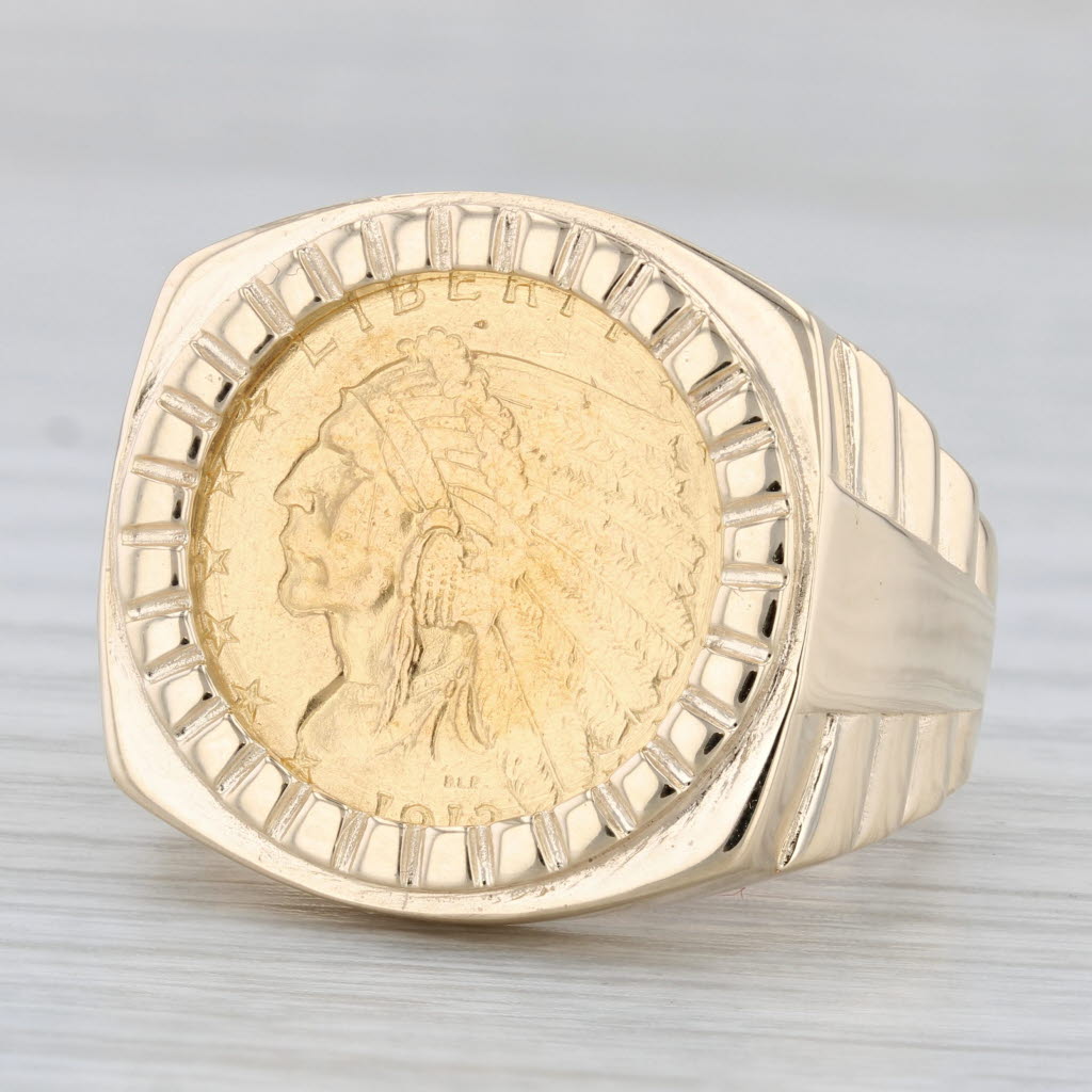 Light Gray Authentic 1913 Indian Head $2.5 Gold Coin Ring 10k 900 Yellow Gold Size 11.25