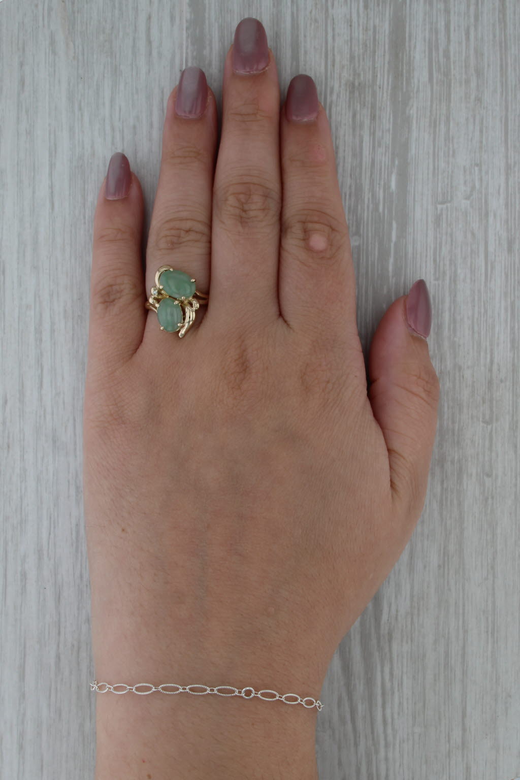 Green Jadeite Jade Bypass Ring 14k Yellow Gold Size 7