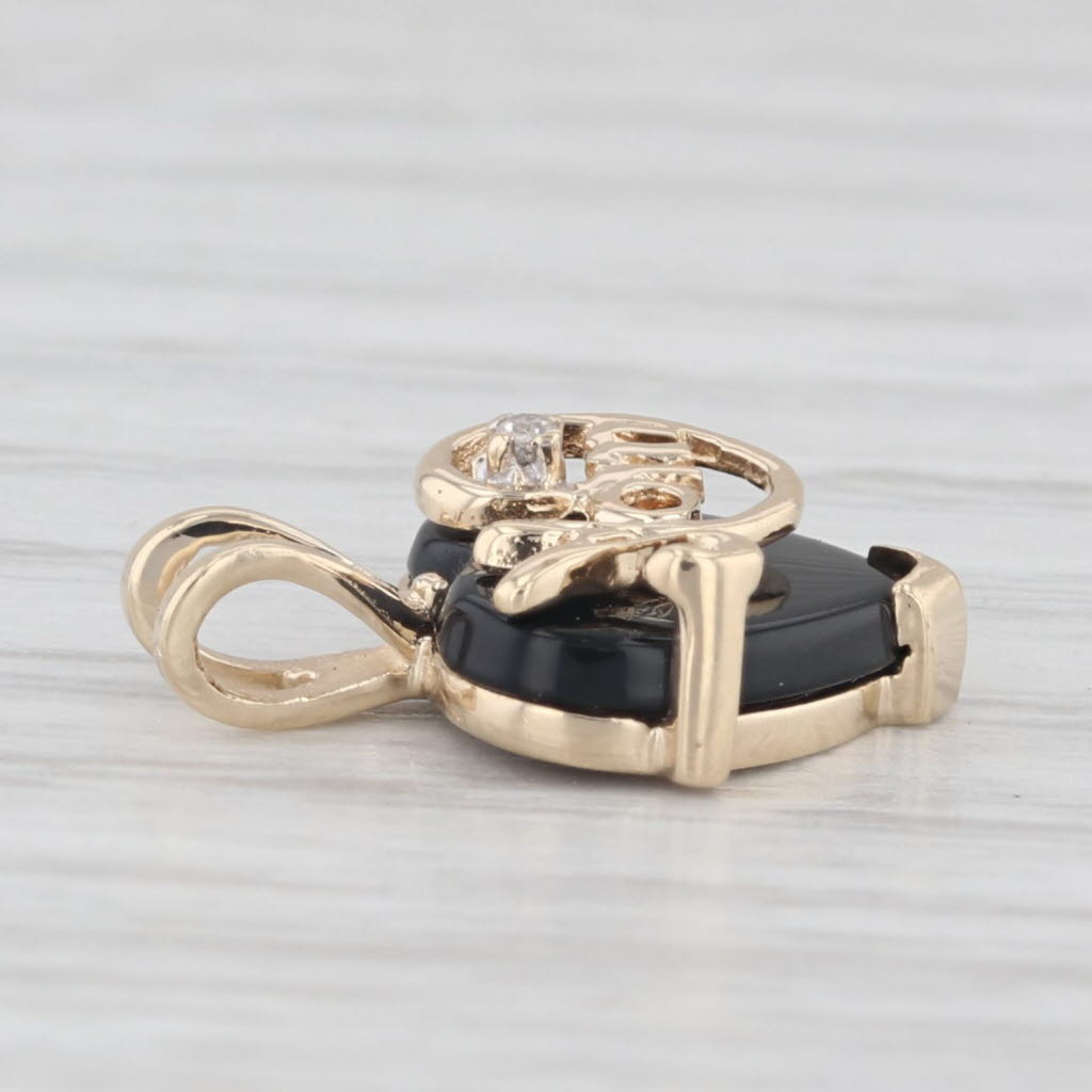 Light Gray Black Onyx Diamond Mom Heart 10k Yellow Gold Pendant Small Drop