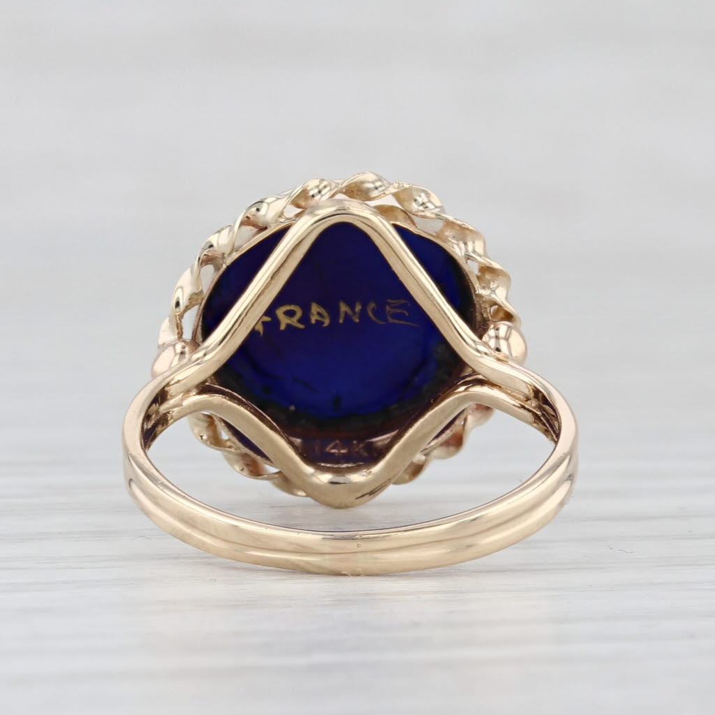French Hand Painted Portrait of Lady Signet Ring 14k Gold Enamel Glass Size 6.5