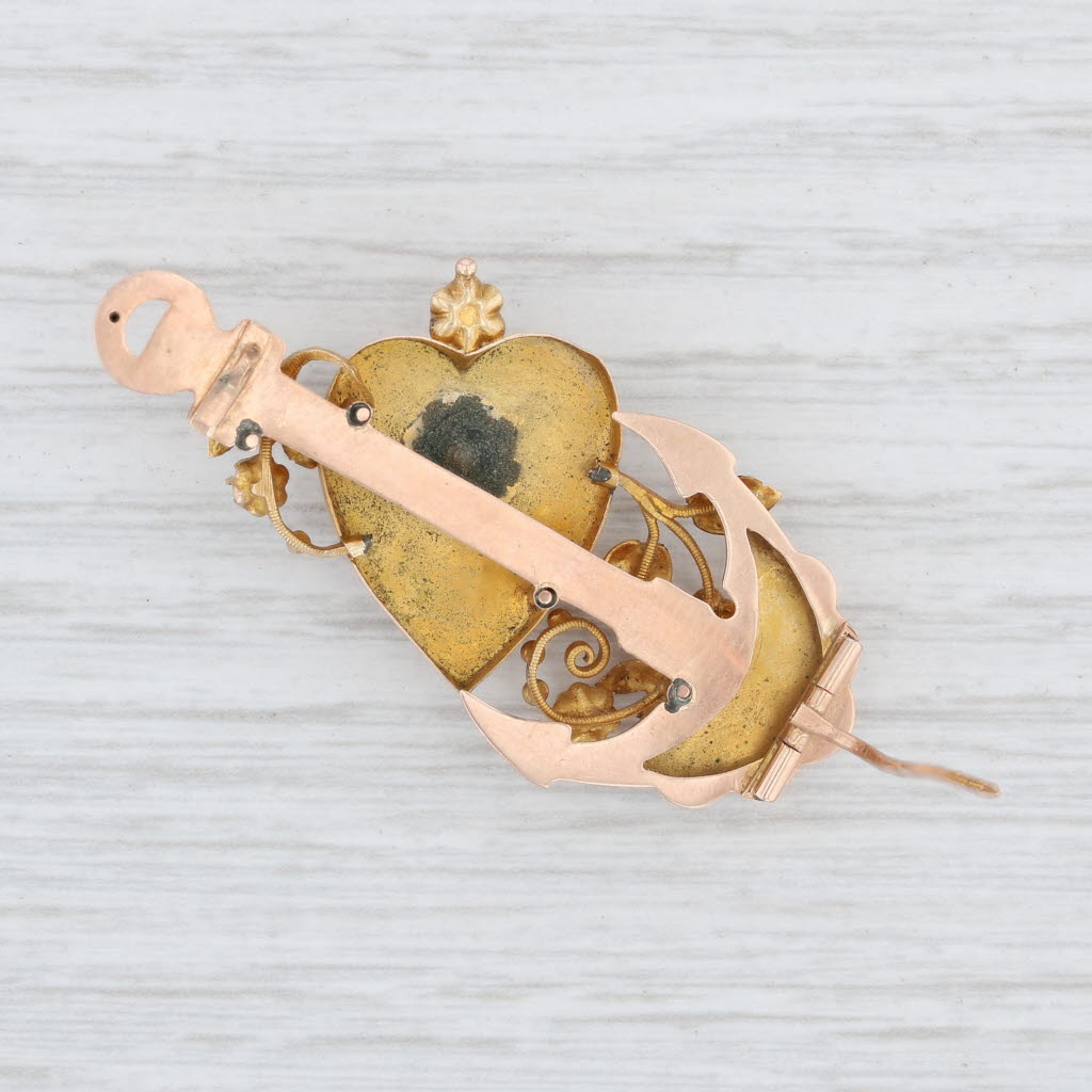 Antique Heart Anchor Brooch 10k 12k Gold Pearl Diamond Floral Pin